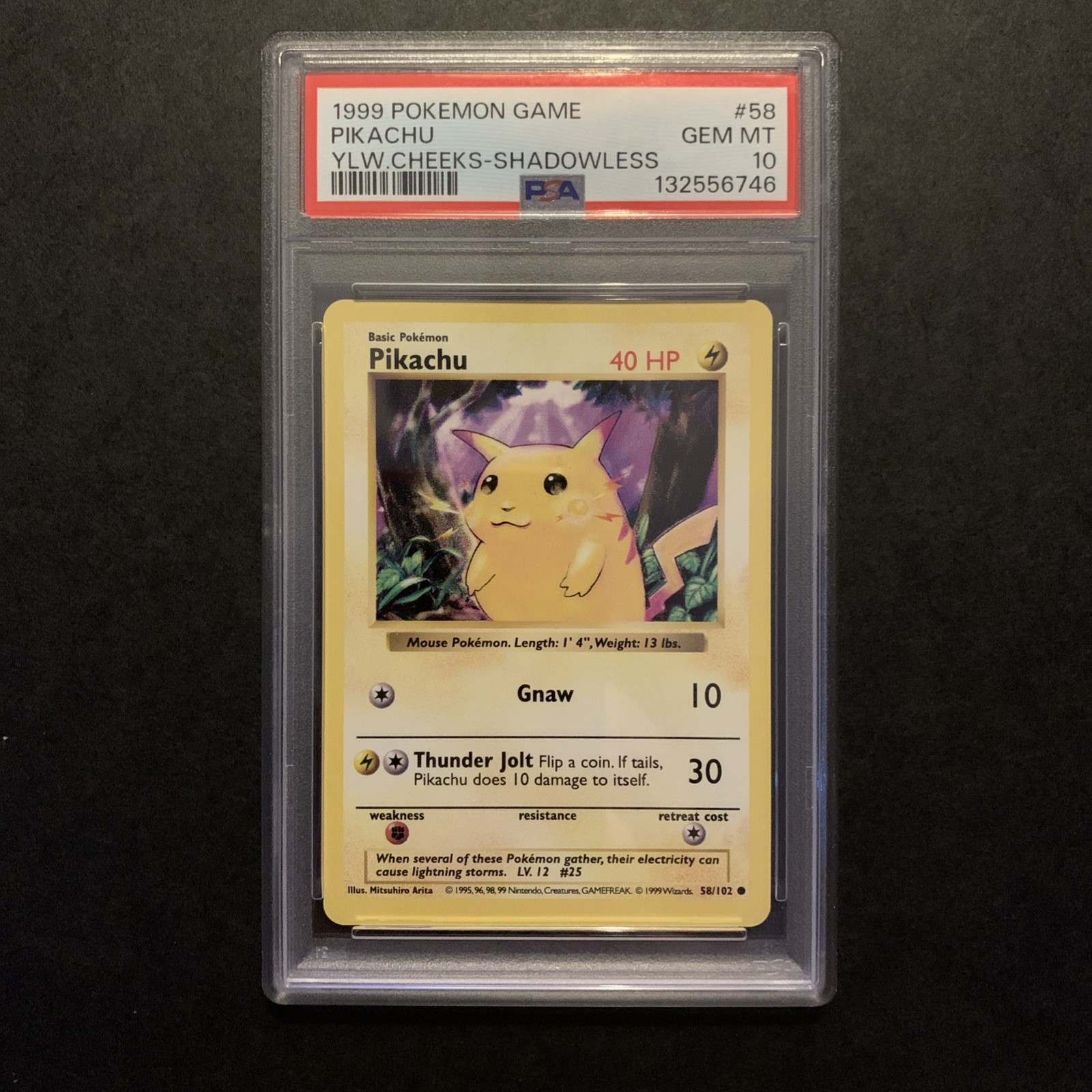 Pikachu 1999 Shadowless PSA 10 Yellow Cheeks - Base Set 58/102 - Gem Mint