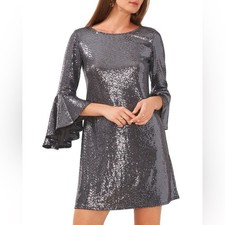 Vince Camuto Women's Silver October Metallic Flounced-Sleeve Dress Size Large