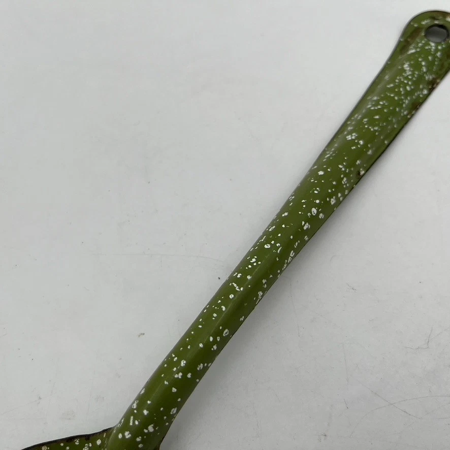 Vintage 14" Enamelware Green Speckled Cooking Serving Spoon Camping Farmhouse - Image 4 of 4