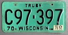 Vintage 70 WI License Plate 1970 Wisconsin Lic Green Black 73 Tag 1973 Sticker — photo 1
