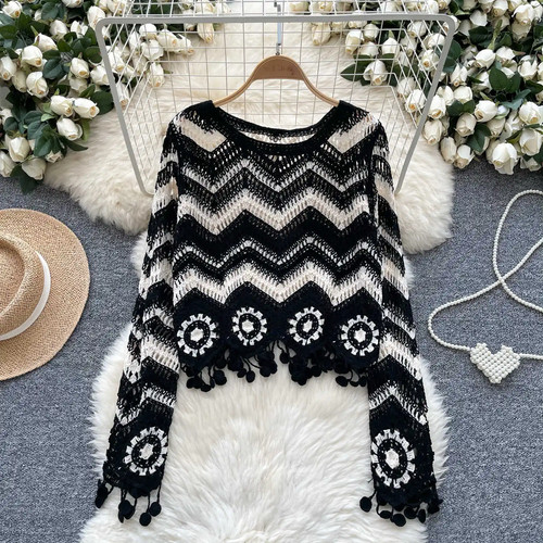 Zig Zag Crochet Top Long Sleeve V-Neck Wavy Striped Open-knit Pullover Sweater f - Picture 8 of 9