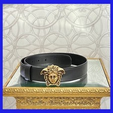 BLACK LEATHER 3D AGED GOLD MEDUSA MEDALLION Belt 85/34