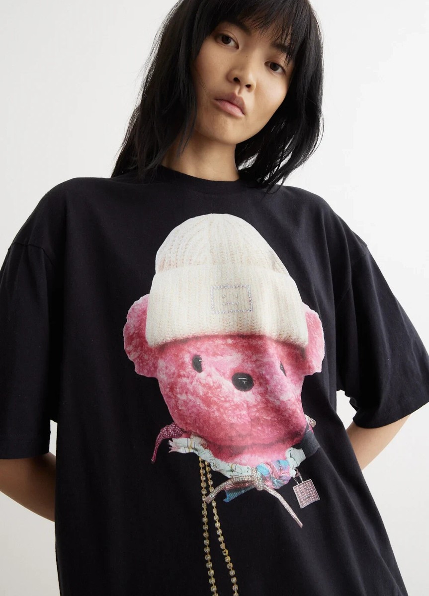 Acne Studios Unisex Exford Face Teddy Bear T-Shirt in Black Size M