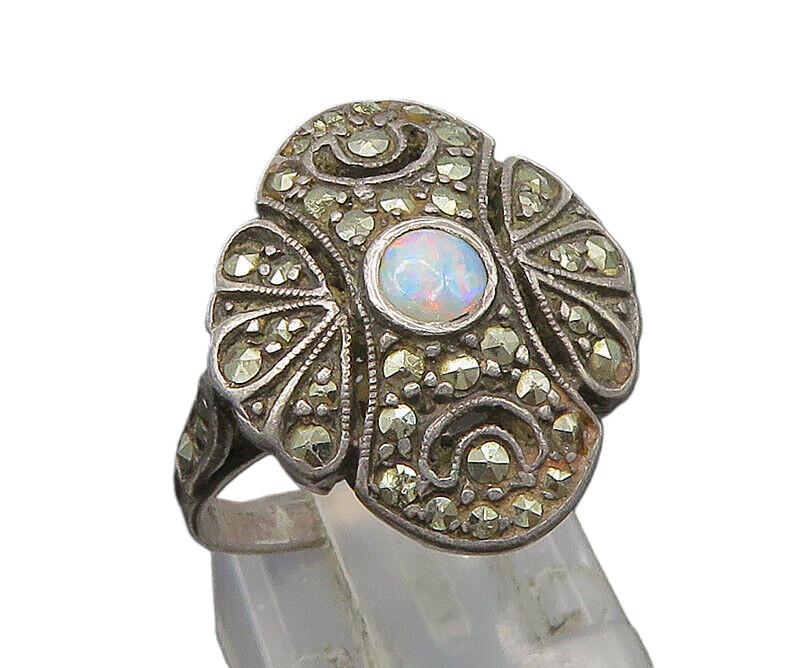 DELCITA 925 Silver Vintage Victorian Fire Opal Floral Band Ring Sz