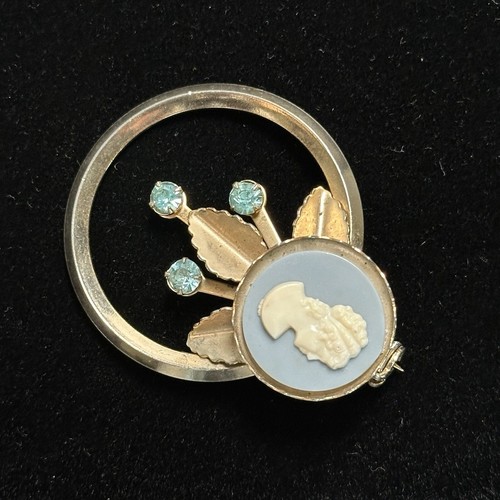 Vintage 1950s Cameo Blue Rhinestone Flower Brooch - Picture 13 of 19