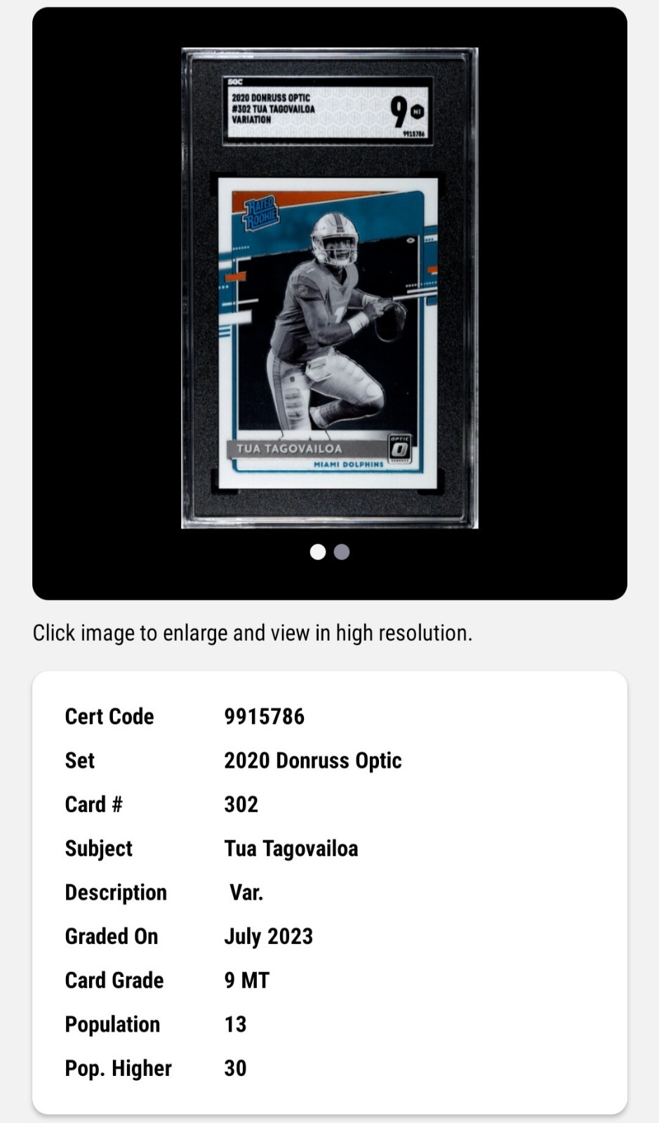 2020 Donruss Optic #302 TUA TAGOVAILOA RC Variation Rated Rookie Graded SGC 9