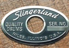 Slingerland Black and Silver Oval Drum Badge, Niles IL 70's through early 80's