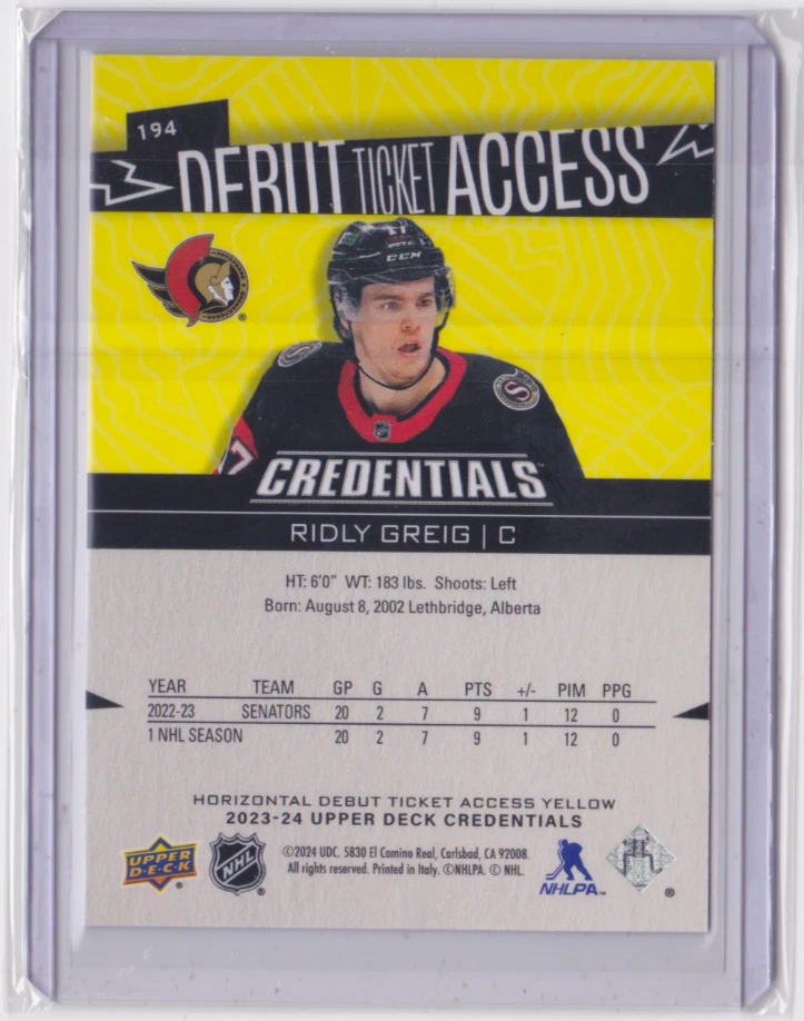 2023-24 UD CREDENTIALS DEBUT TICKET ACCESS YELLOW HORIZONTAL SP RIDLY GREIG #194 - Image 2 of 2