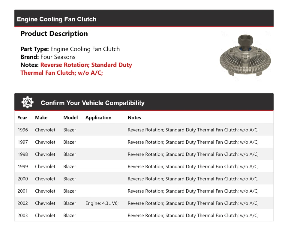 适用于 1996 - 2003 雪佛兰 Blazer 发动机冷却风扇离合器 4 季 1997 1998 — 第 2/4 张图片