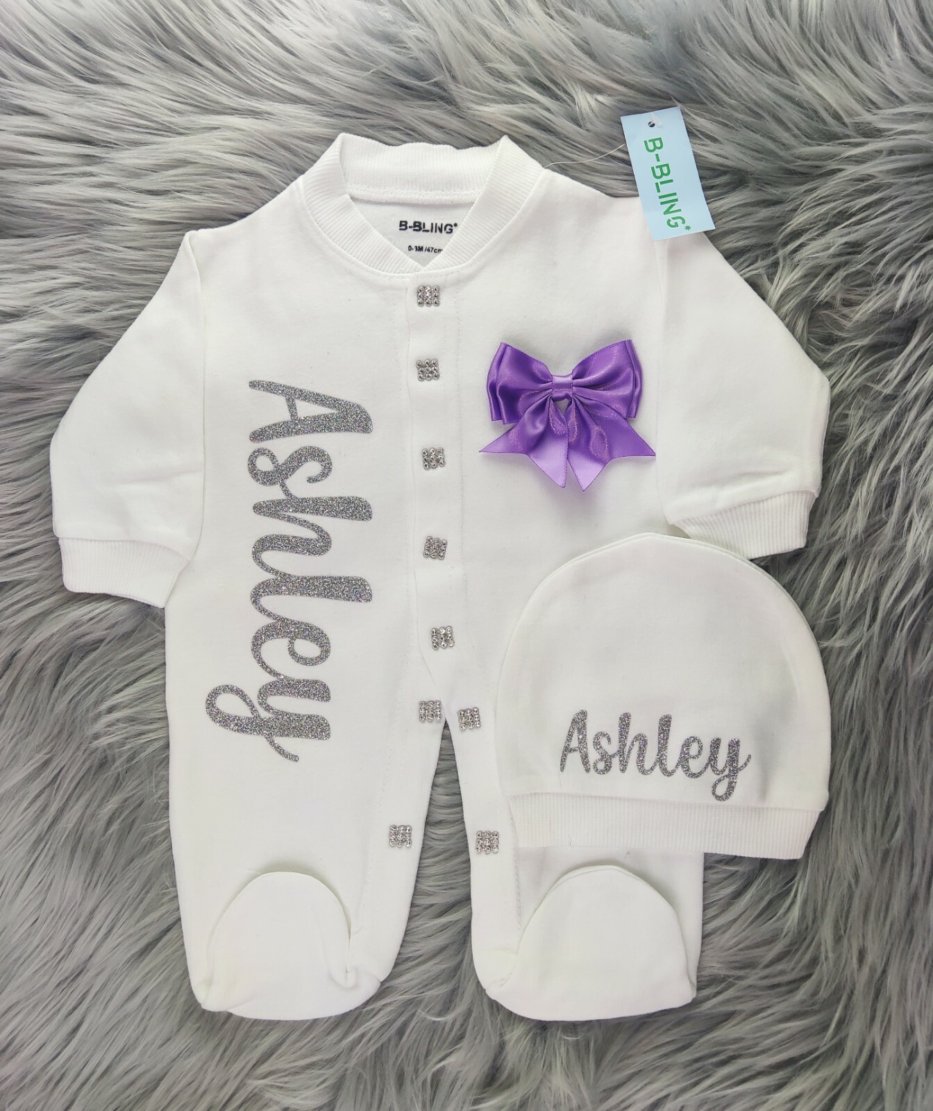 Personalised baby name glitter vinyl romper set with cap and mittens