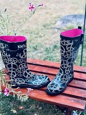 Capelli US 8 Black Leopard Peace Signs Knee High Wellington Boots, Galoshes Boho