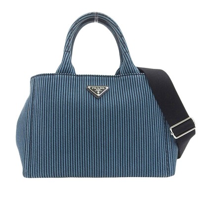 Prada Canapa 2Way Tote Bag Shoulder Bag Striped Canvas Blue/Black 