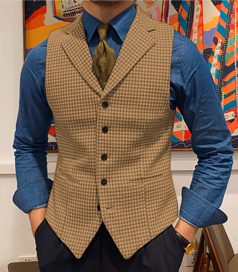 Mens Houndstooth Waistcoat Tweed Retro Notch Lapel Vintage Vest