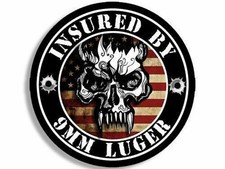 4" INSURED BY 9MM LUGER GUN FLAG HELMET BUMPER CAR DECAL STICKER MADE IN USA
