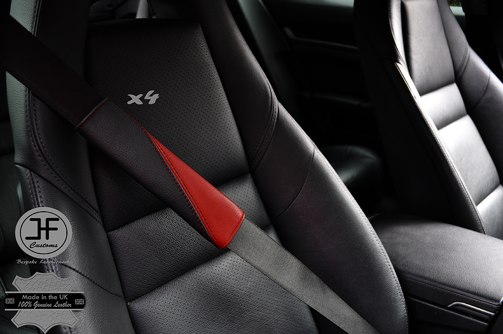 Luxury 4X Black & Dark Red Leather Two-Tone Shoulder Seat Belt Pads