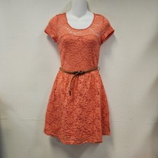 Bongo Summer Sun Dress Small Coral All Over Lace Open Back Short Braided Belt