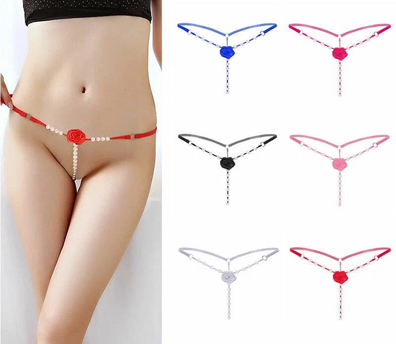Womens Rose Thong T back G string Beaded Panties Lingerie Crotchless Underwear