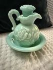 vintage Avon Jadeite green swirl milk glass pitcher bowl set, W/ Roses 5.5” Tall