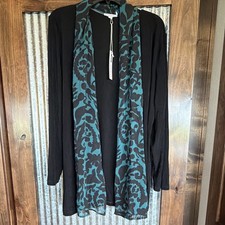 Chico's Travelers Black/Teal Open Front Kimono Jacket Floral Trim Long Sleeve -3
