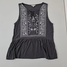 Lucky Brand Embroidered  Blouse Gray Tank Sleeveless Top Small