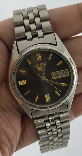 Vintage Seiko 5 Automatic Black Dial 7009 17Jew D/D Men Wristwatch Steel Band