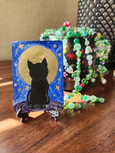 ACEO Original Black Cat Gold Moon Celestial Night Painting artby-umj