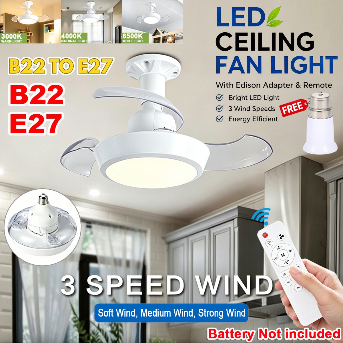 16"" E27 Ceiling Fan Light with Remote Control Dimmable LED Lamp with B22 to E27