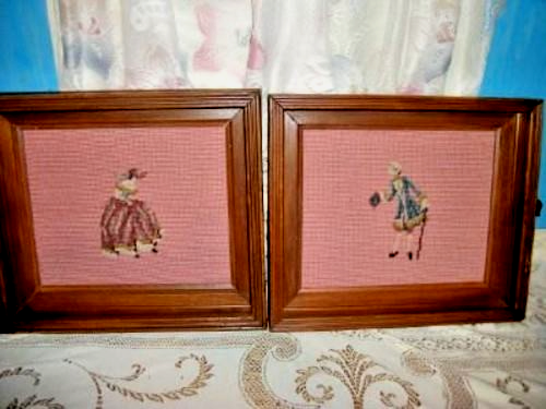 Victorian Deep Walnut Frames Needlepoint French Couple Romantic Pink ...