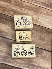 SET OF 3 INKADINKADO CHRISTMAS THEME WOOD MOUNT RUBBER STAMPS GIFT TAG ORNAMENT