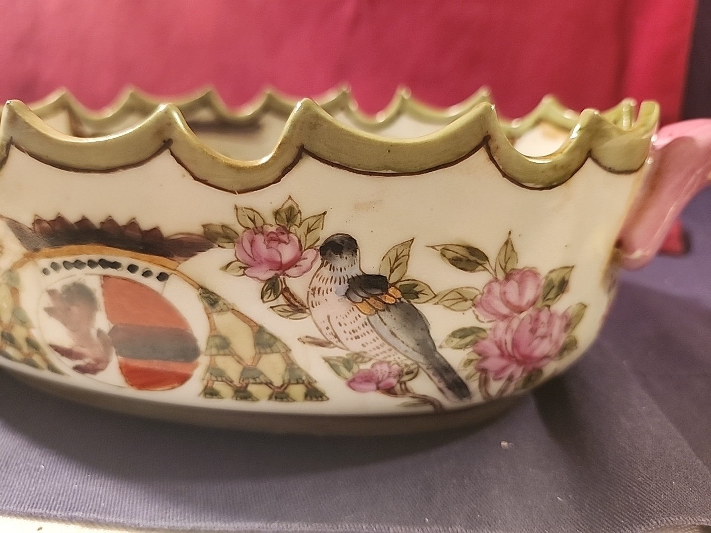 Vintage Chinoiserie Oval Bowl With Handles 6" x 12" Elk Birds Crest