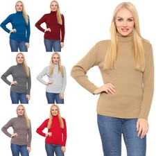 Womens Polo Ribbed High Roll Neck Knitted Jumper Pullover Sweater Long Sleeve To