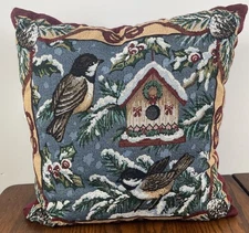Tapestry Throw Accent Pillow 18”Christmas Chickadee  Mohawk Home Holly Snow Vtg