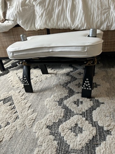 Vintage Egyptian Camel Saddle Studded Wood Black Leather Seat Foot Stool