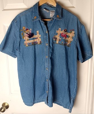 Vintage Bobbie Brooks 14W/16W Denim Chambray Shirt Embroidered Teddy Bear 