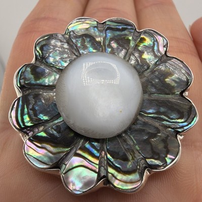 Mexikanischer Sterlingsilber Abalone & Mondstein florales Design Ring - verstellbar
