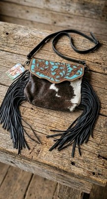Myra Bag Western Hand Tooled Aqua Leather And Cowhide W Fringe Crossbody Purse