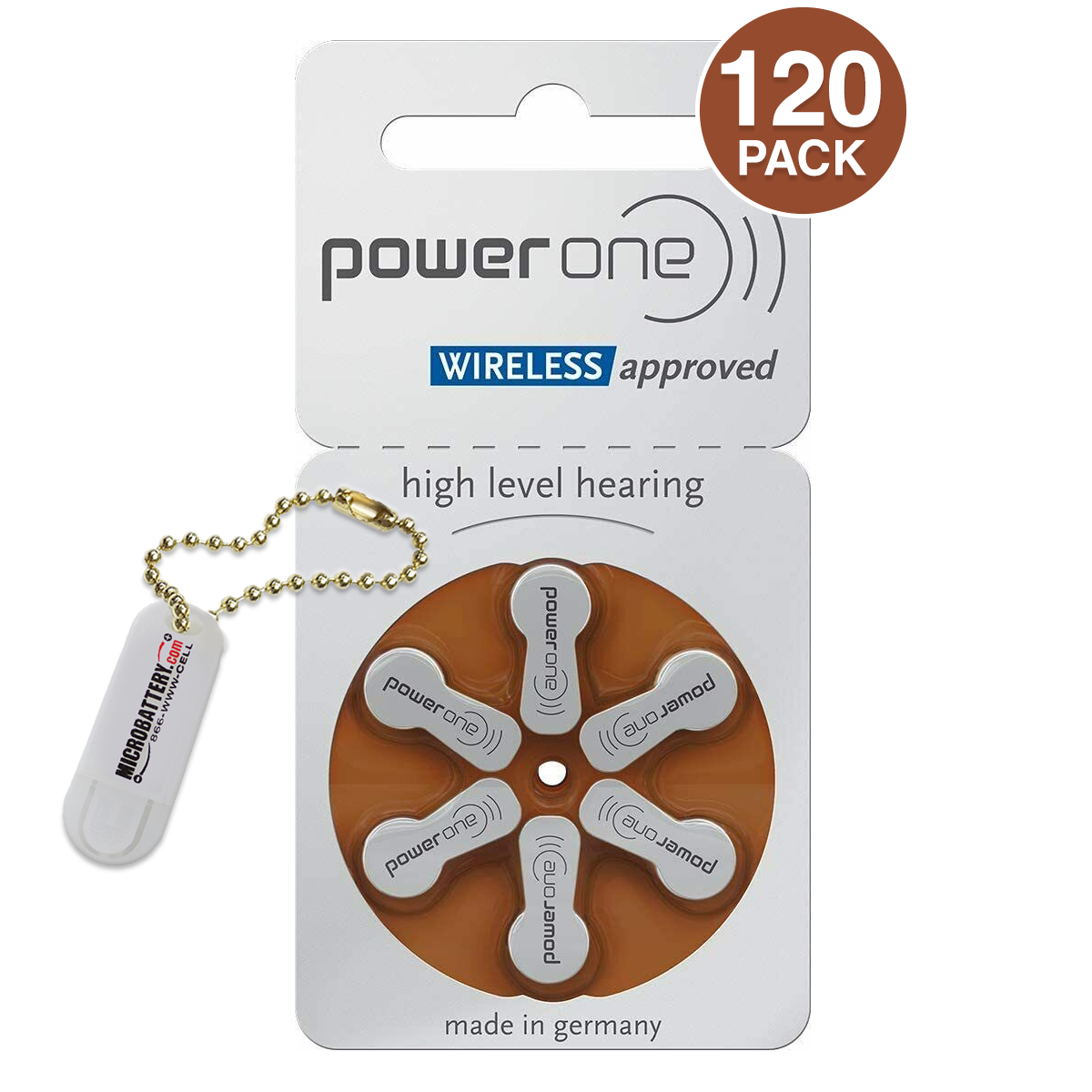Power One Hearing Aid Batteries MF Size 312, PR41 (120 Pack) + Battery Keychain