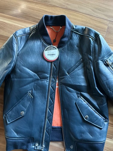 Brand New Men's Lamb Skin Leather Bomber Jacket, NAVY Flight Jacket - Picture 9 of 9