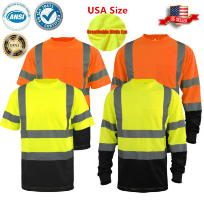 Hi Vis ANSI Class 3 Reflective Tapes Safety Work T-Shirt Black Front Bottom 