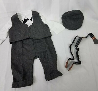 WESIDOM Baby Boy 3 Pcs Outfit Set, Wedding Jumpsuit, Vest Coat & Beret Hat,9-12M