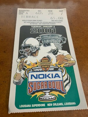 2001 Sugar Bowl Football Ticket Miami Hurricanes v Florida Gators