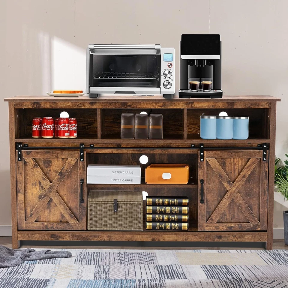 57'' LED Farmhouse Coffee Bar Cabinet Sliding Barn Door TV Stand w/ Power Outlet - Image 2 of 4