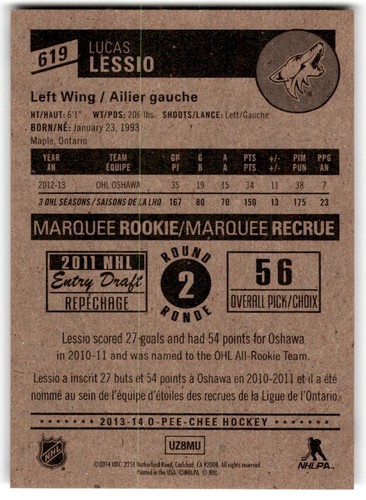 2013-14 O-Pee-Chee Lucas Lessio Rookie #619 Phoenix Coyotes - Picture 2 of 2