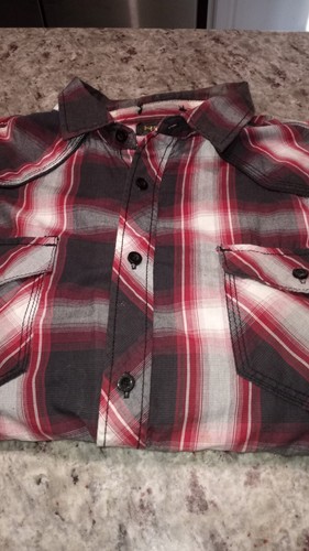 HELIX!! Mens Athletic Red,Black Plaid Button Down Roll Tab Sleeve/ Size LARGE - Picture 3 of 20