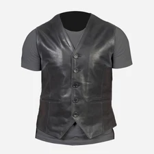 Black Leather Vest Mens With Button Closure And Waist Pockets Mens Black Jacket