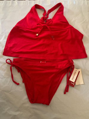 ESPRIT 2 PIECE RED HALTER APRON SLIDE SIDE TIE BIKINI Swimwear Size XS NWT
