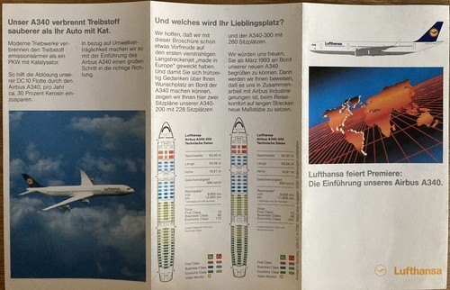 1992 LUFTHANSA AIRLINES A340-200 INTRO BROCHURE CABIN CREW VINTAGE SEAT CHART - Picture 3 of 3