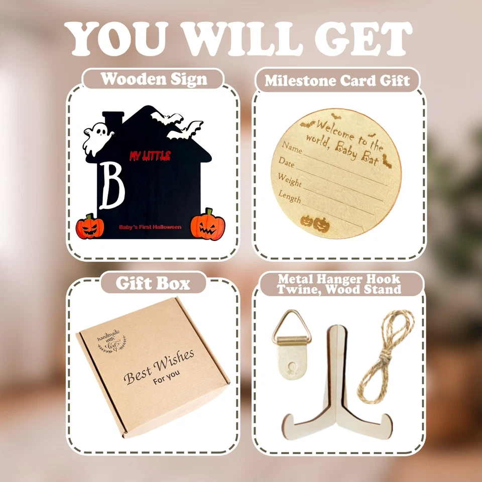 Orange Baby’s First Halloween Footprint Recuerdo Adorno de Madera Decoración Recién Nacido Foto 3 de 4