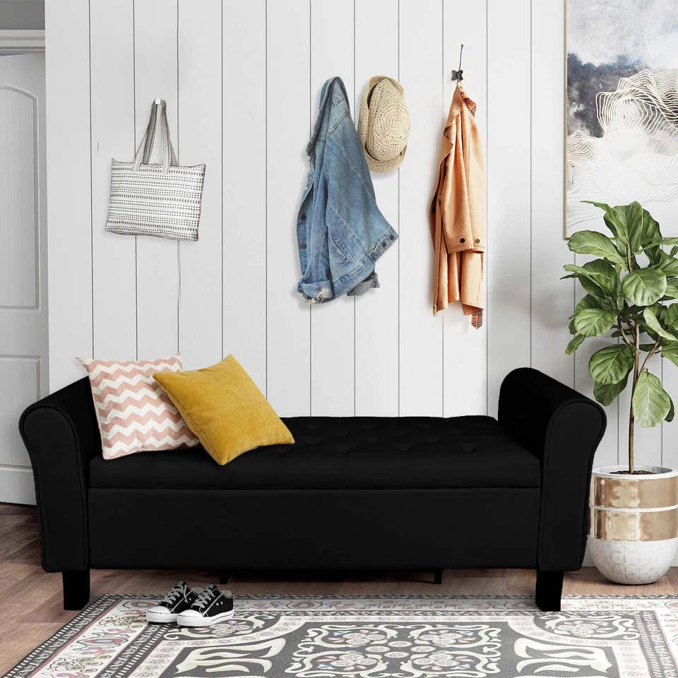 Banco de almacenamiento de terciopelo de 51" con extremo otomano de cama tapizado sofá negro Foto 2 de 4