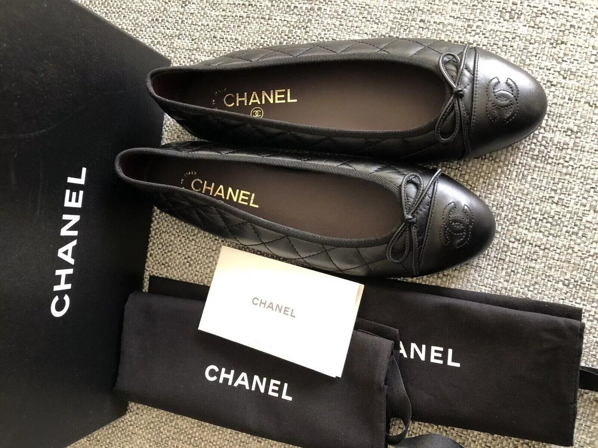 New Chanel Size 38 Black Aged Calfskin Ballerina Flats | eBay